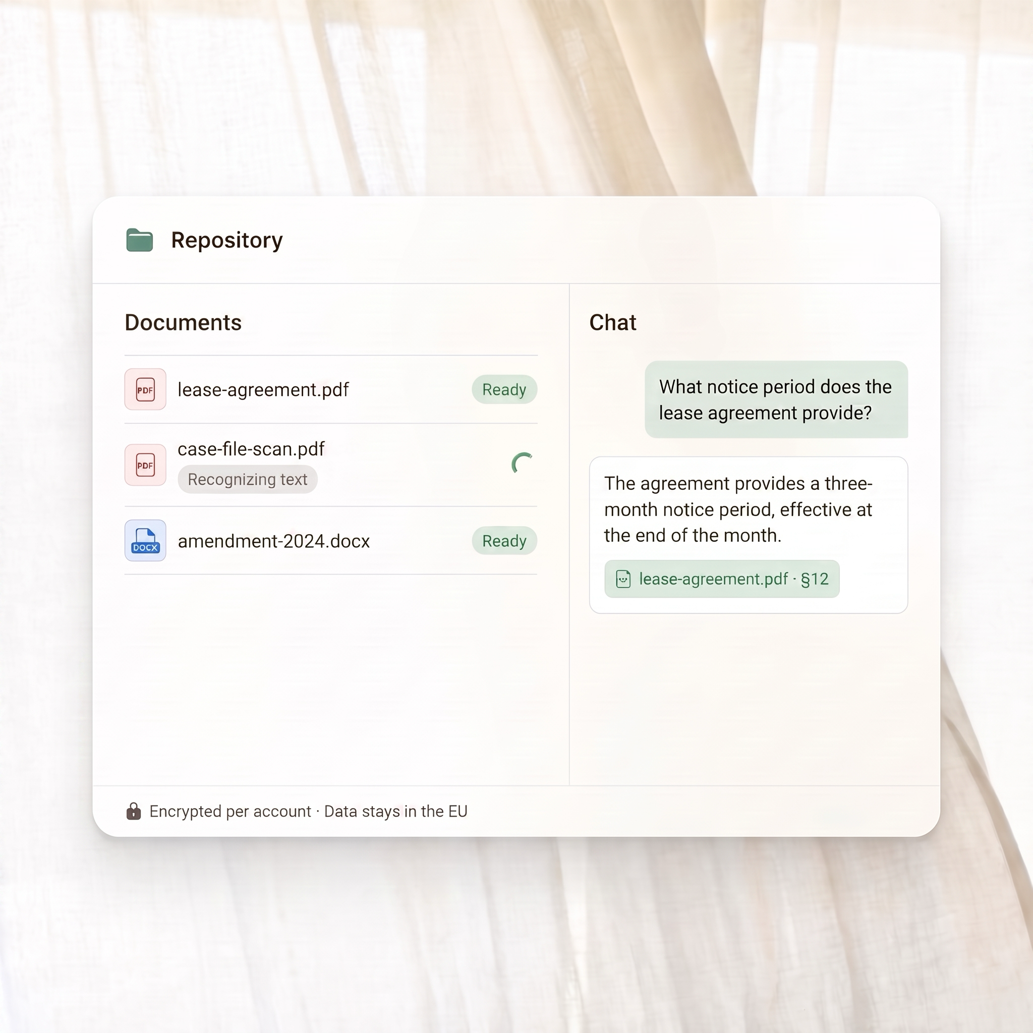 IURA Repository: document list with processing statuses and a chat answering a question about a lease agreement with a source citation